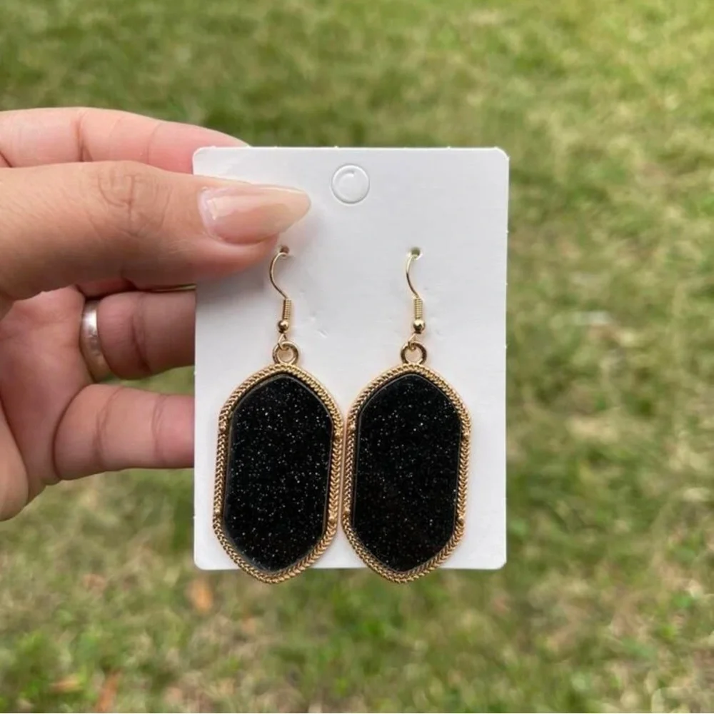 Black Shimmer Oval Drop Earrings | Gold Tone Textured Statement Earrings
